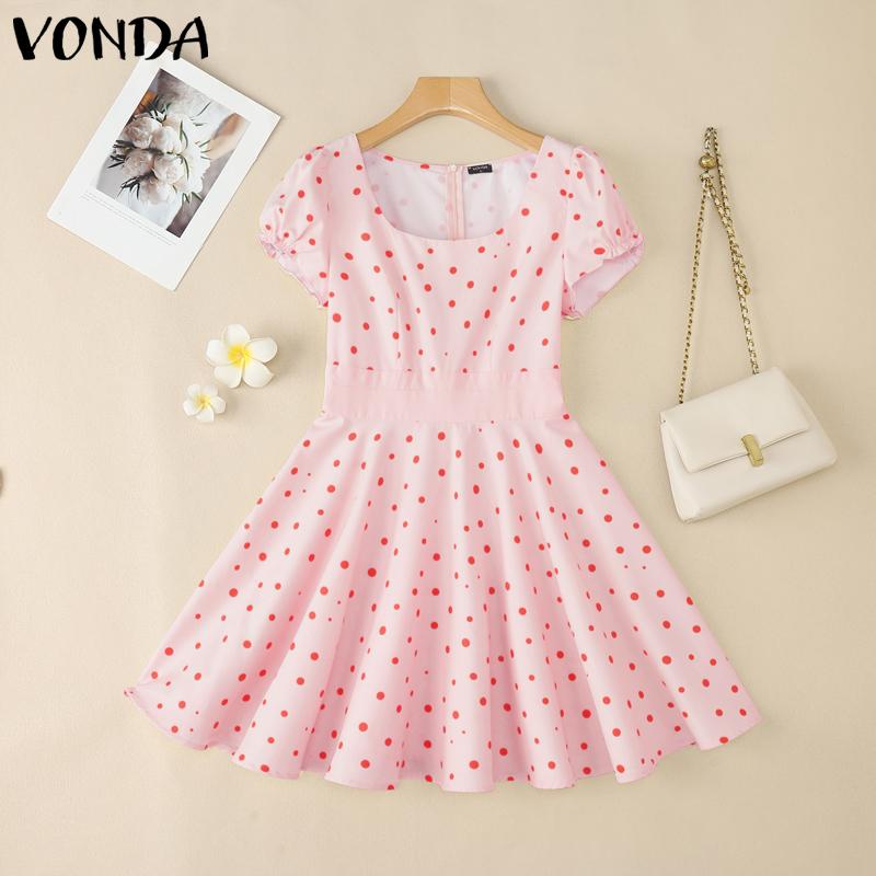 

VONDA Women Square Collar Puff Sleeve Polka Dots Casual Pleated Dress 5XL розовый