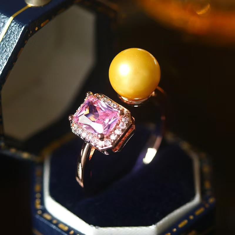 

Корейское простое гальваническое розовое золото желтый жемчуг с розовым бриллиантом пресноводное жемчужное кольцо живое женское кольцо Opening Adjustable розового золота