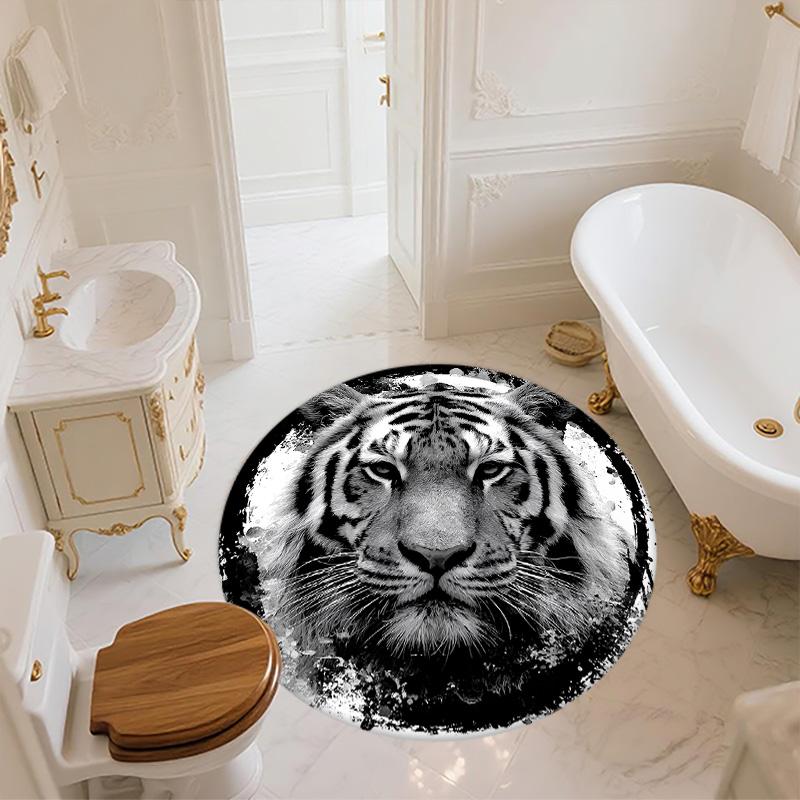 Black and White Ink Tiger Round Area Rug,Carpet Rug for Living Room Bedroom Sofa Playroom Decor,Non-slip Floor Mat