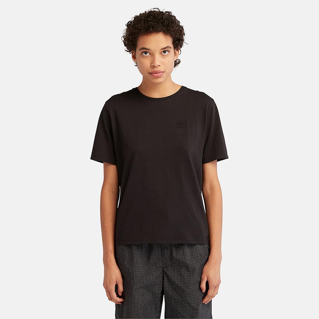 Timberland Dunstan Solid Logo Round Neck Short Sleeve T-Shirt Women Tops Black A6ATE-001