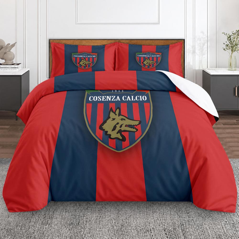 Cosenza Calcio 1914 Wolf Crest 3 Piece Bedding Set, Red Navy Vertical Stripes Soccer Emblem Duvet Cover Set for Italian Football Fans Gift