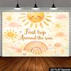 2D plane "First Trip Aro The Sun" Birthday backdrop, watercolor smiling face, sun, rainbow, star elements