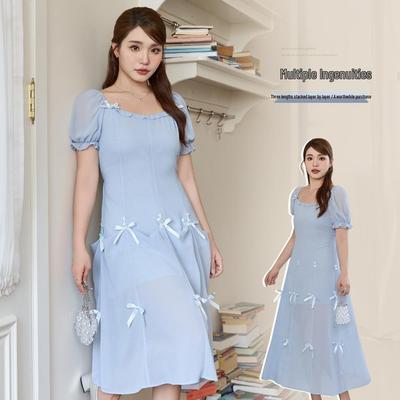 Korean Style Elegant Bow Chiffon Square Neck Plus Size Slimming Waist Dress