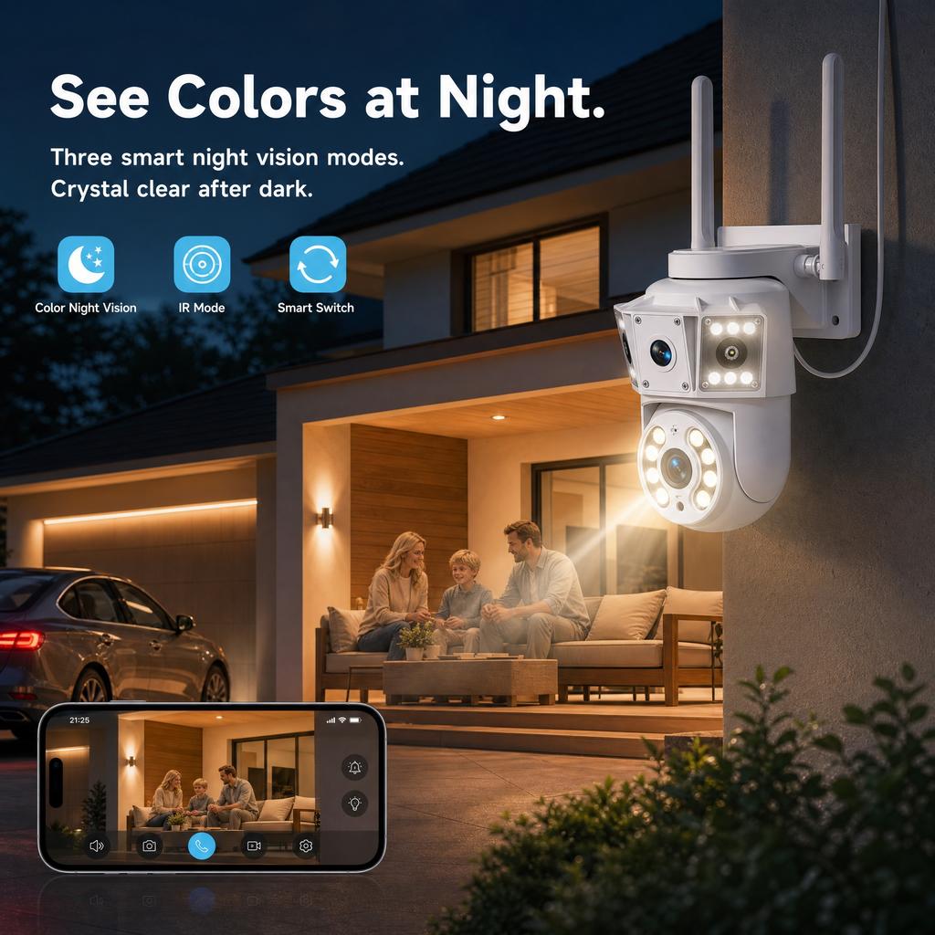 AIOOK Câmera Externa Sem Fio de Lente Dupla HD 10MP Câmera WiFi Rastreamento Móvel Visão Noturna Colorida IP CCTV Interfone de Voz Bidirecional IP66 à Prova d'Água OKAM PRO APP
