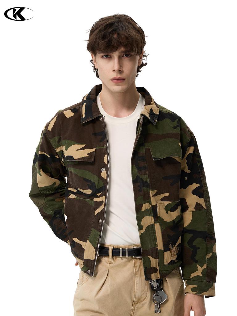 11KN Unisex Retro Camouflage Military Workwear Jacket: Slimming, Short, Wide Shoulder, Loose Fit Streetwear.