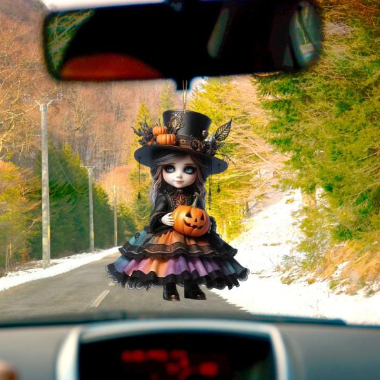 Halloween Witch Car Pendant Pumpkin Lanterns Bat Elements Rearview Mirror Ornament Gothic Tabletop Hanging Accessories