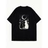 Black Oversized T Shirt With Moon And Cats Print For Casual Wear