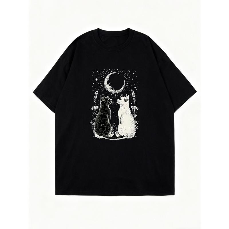 Black Oversized T Shirt With Moon And Cats Print For Casual Wear
