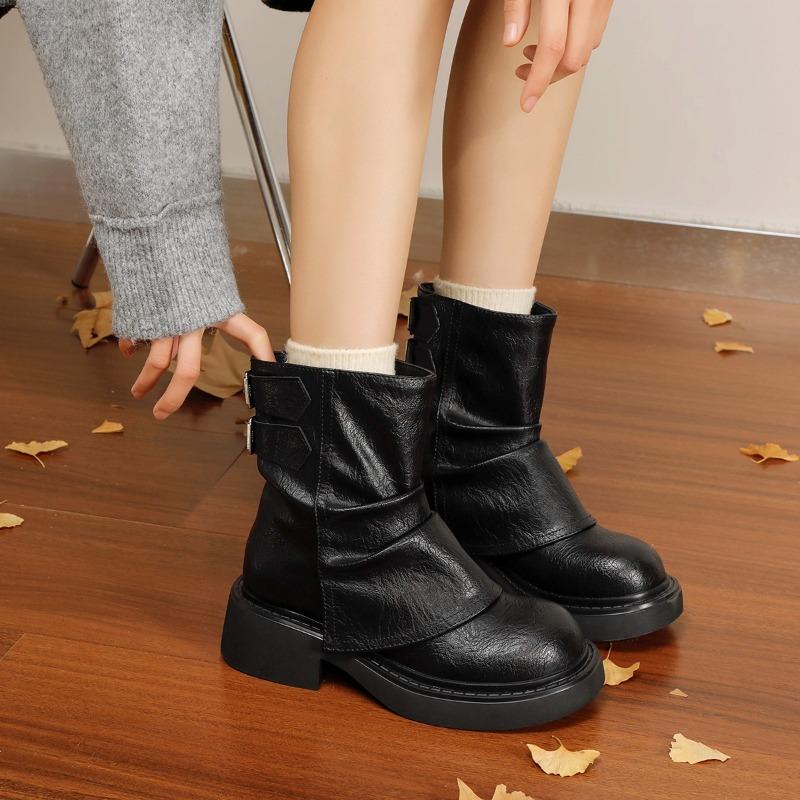 New pleated stacked boots pant tube boots soft leather thick-soled Martin boots versatile brown short boots women