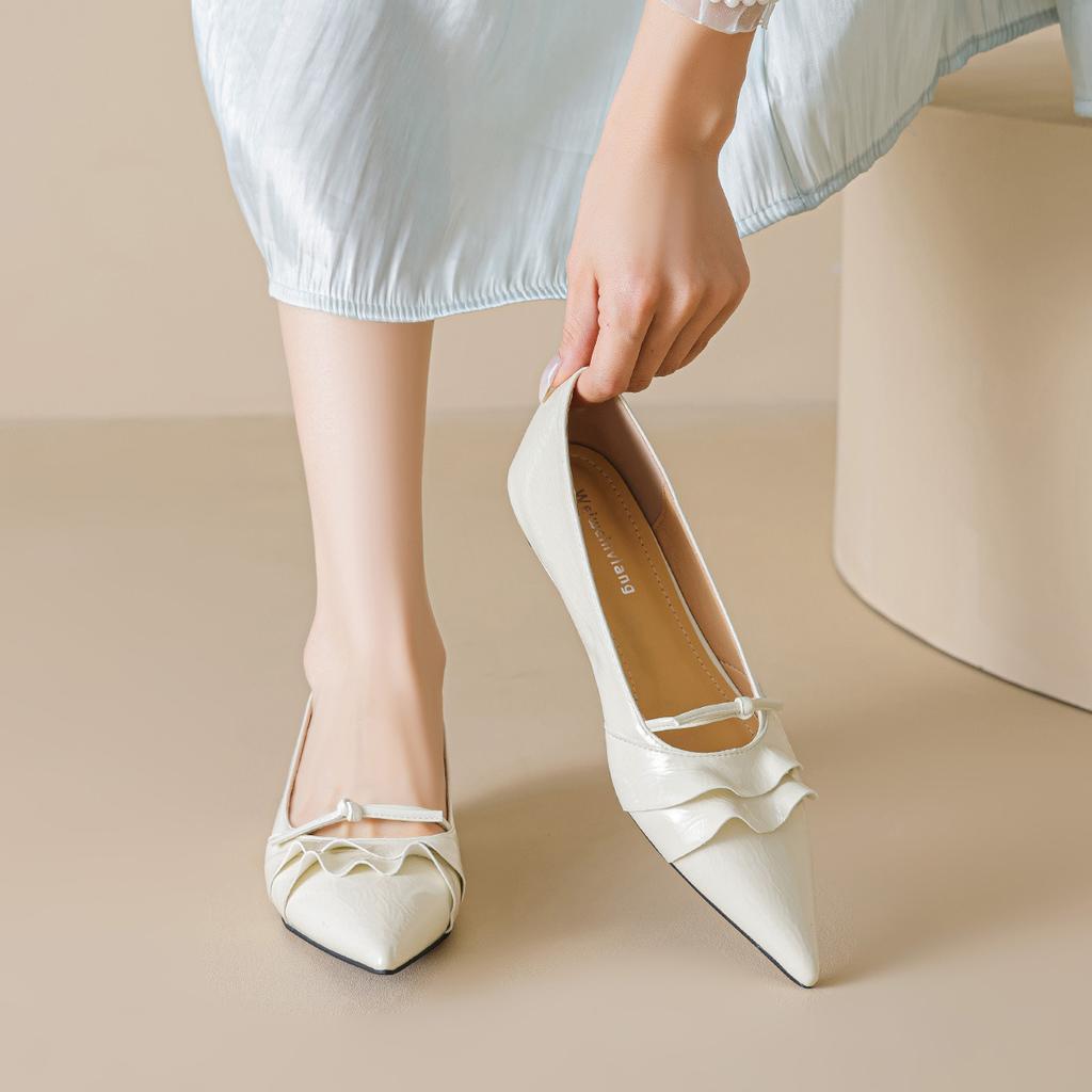 Weiwei Girl 638-3 Design Sense Niche Pointed Single Shoes Women's Lotus Leaf Edge Shallow Mouth One Pedal Versatile Flat Shoes