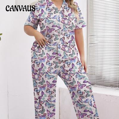Women's Pajamas Spring and Autumn Short Sleeve Trousers Loose Butterfly Print Home Suit