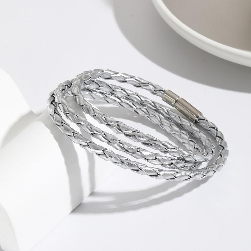 Unisex Handwoven Multi-Layer PU Leather Bracelet With Metal Accents Minimalist Fashion Accessory Daily Wear