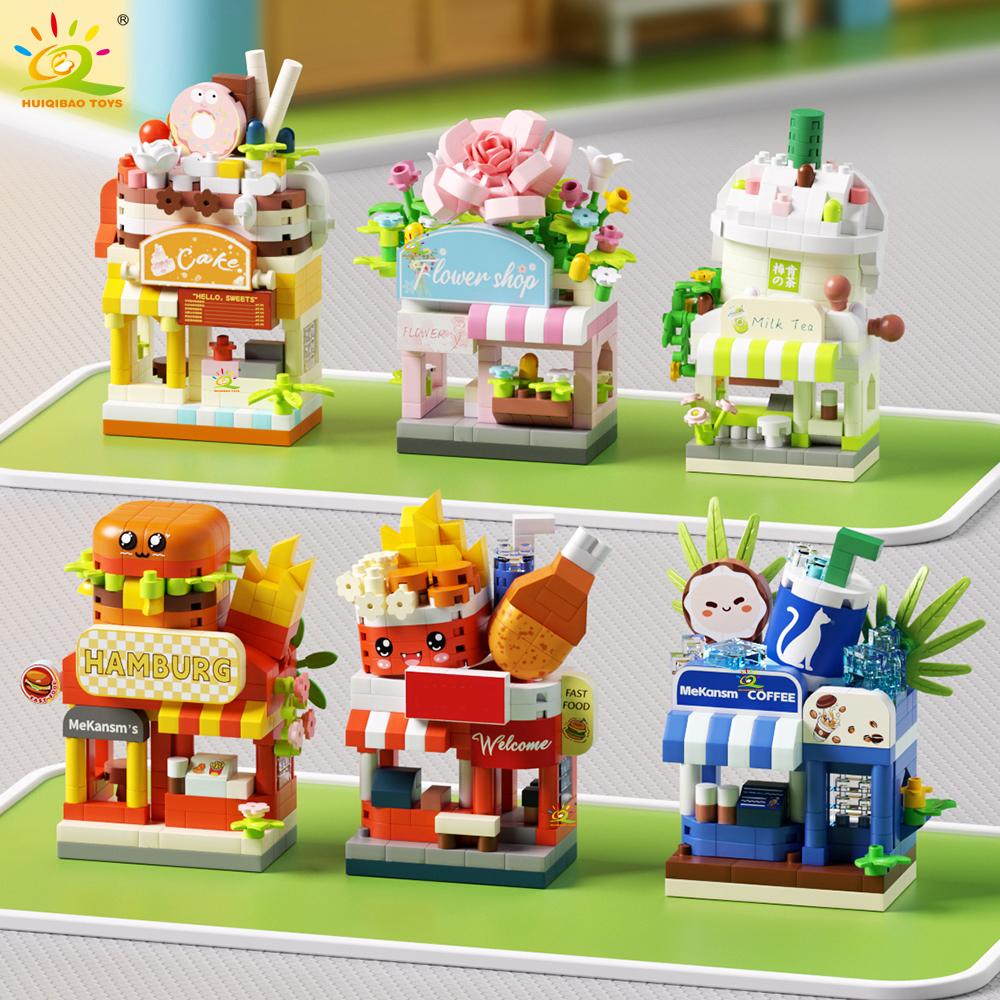 Non-Toxic Moc Cute Street Shop Model Micro Building Block Burger Fried Flower Model Mini Brick Toy For Children Desk Decor.