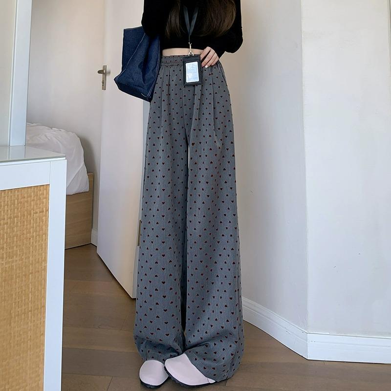 2025 Women's Khaki Polka Dot Striped Wide-Leg Pants - Spring & Autumn Relaxed Fit
