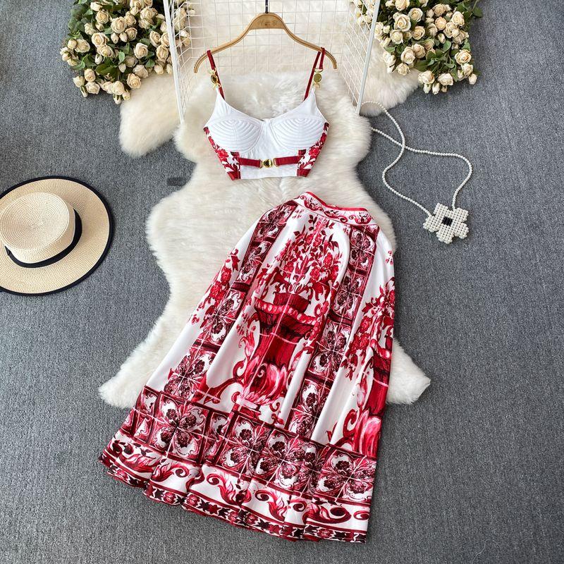 

Casual Vacation Metal Buckle Sexy Sling Fashion Suit Red XXL