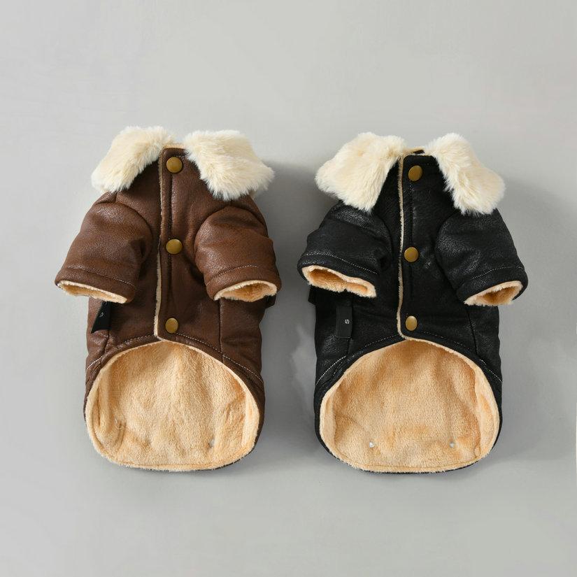 10PC/Lot Fur Collar Dog Leather Jacket Windproof Warm Small Dog Coat Winter Dog Clothes Puppy Clothing