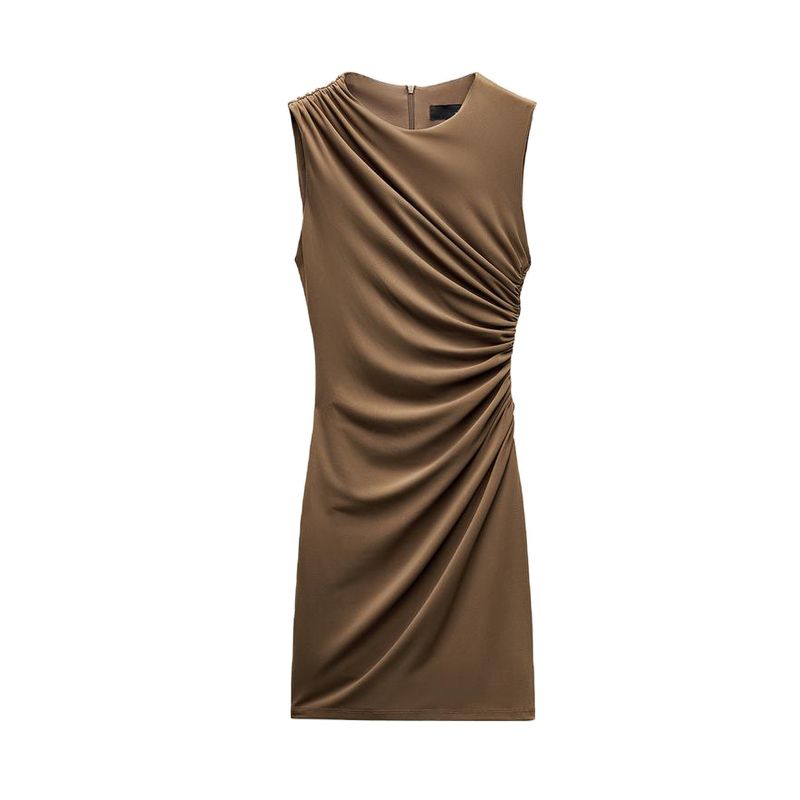 Spring New Arrival Women's Black Silm Fashion Sleeveless Round Neck Pleated Decorative Short Dress 8338250