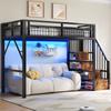 Loft Bed, 90 X 200 Cm, Iron Frame, with LED Light Strip, Staircase Construction with Storage Space, Free Space for Cladding, Without Mattress, Black