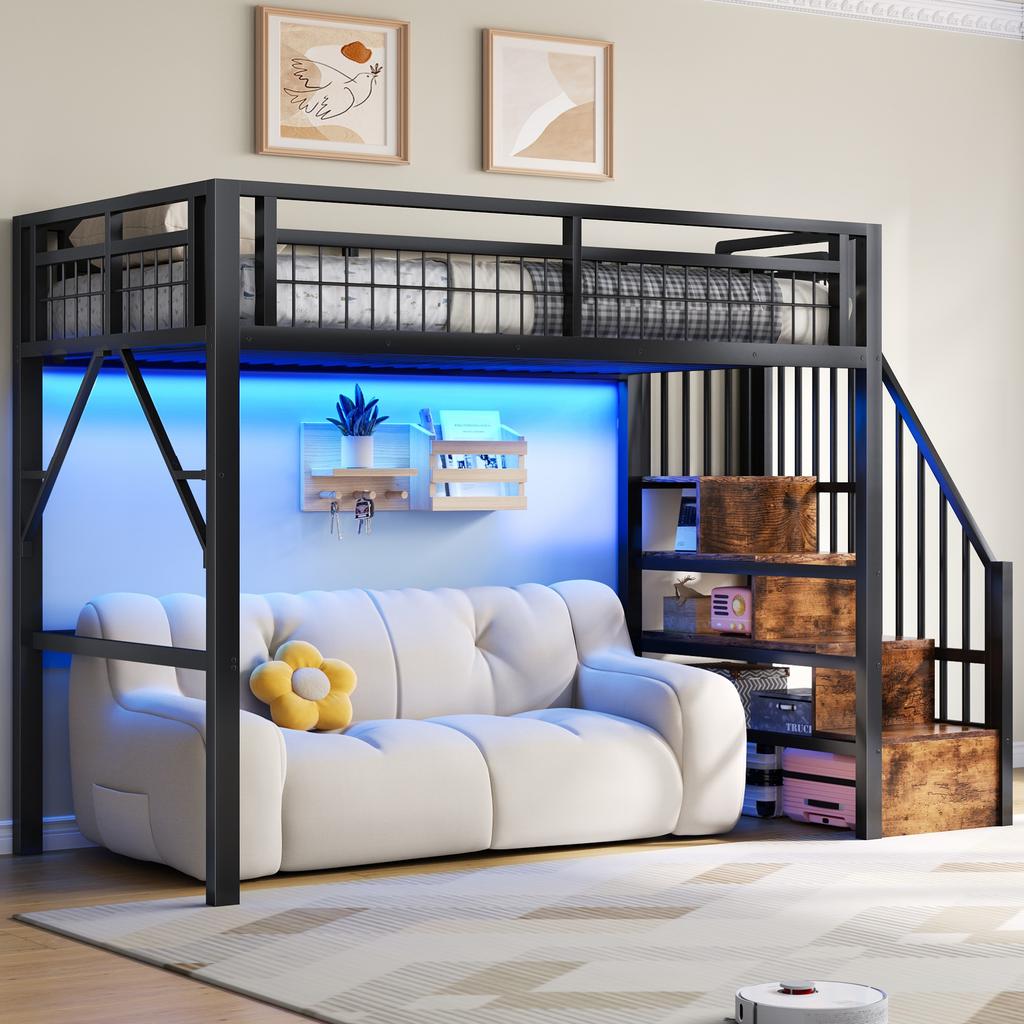 Loft Bed, 90 X 200 Cm, Iron Frame, with LED Light Strip, Staircase Construction with Storage Space, Free Space for Cladding, Without Mattress, Black