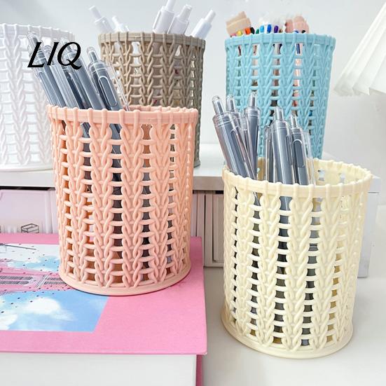 Pencil And Gadget Holder Imitation Rattan Pen Holder, Round Hollow Desk Organizer, Large Capacity Moisture-proof Cup for Pens Pencils Makeup Brushes,