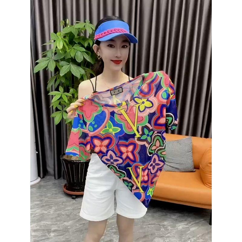 

Stylish Print round Neck Loose Top T-shirt with Short Sleeves Flowers S