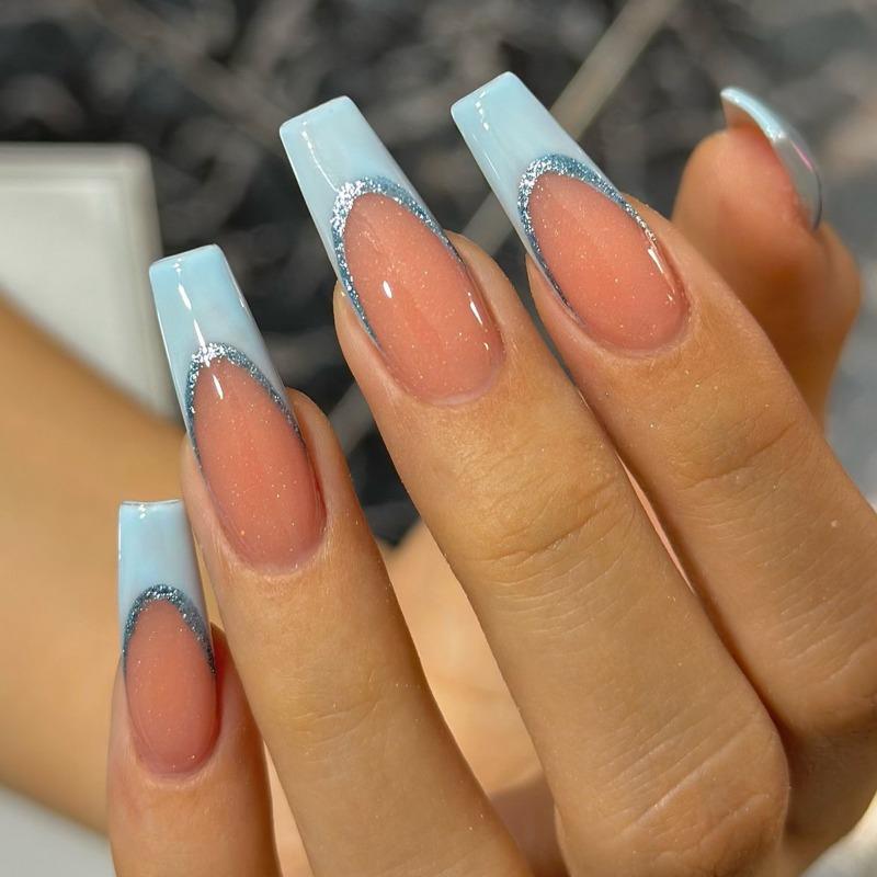 Noste Dlouhý Francouzský Ručně Dělaný Manikúrní Kousek Kamínkový Postupný Přechod Odnímatelná Nálepka na Nehty