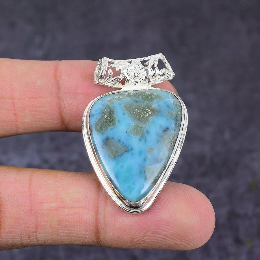 Natural Caribbean Larimar Gemstone 925 Sterling Silver Gift Pendant 1.65" f9R04