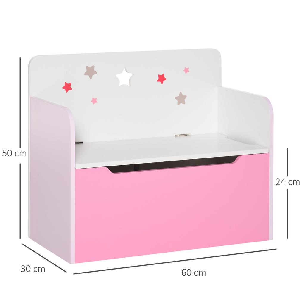Storage Bench with Backrest in Wood for Children from 3-6 Years, 60x30x50 cm, Pink