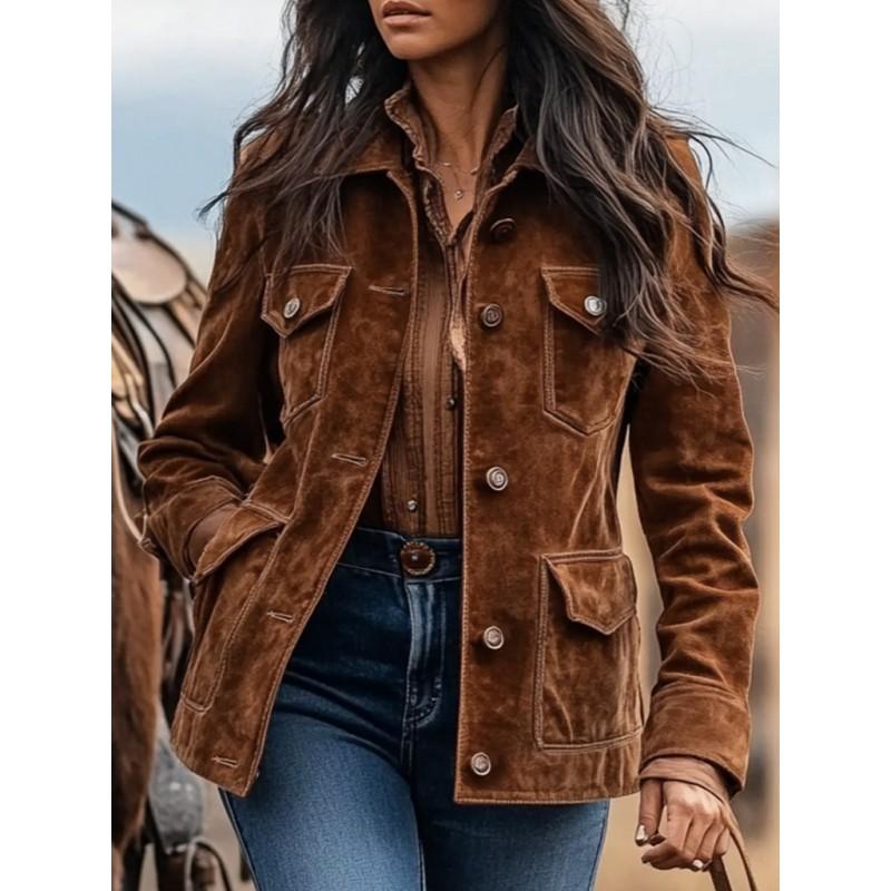 Jaqueta Feminina Curta Cropped de Camurça Sintética Marrom com Gola Reversível e Múltiplos Bolsos