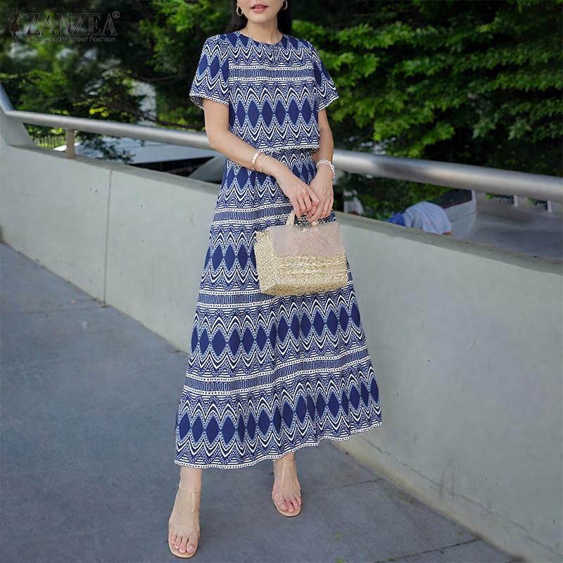 ZANZEA Women Short Sleeve Blouse and Long Skirts Summer Two Piece Suit Sets