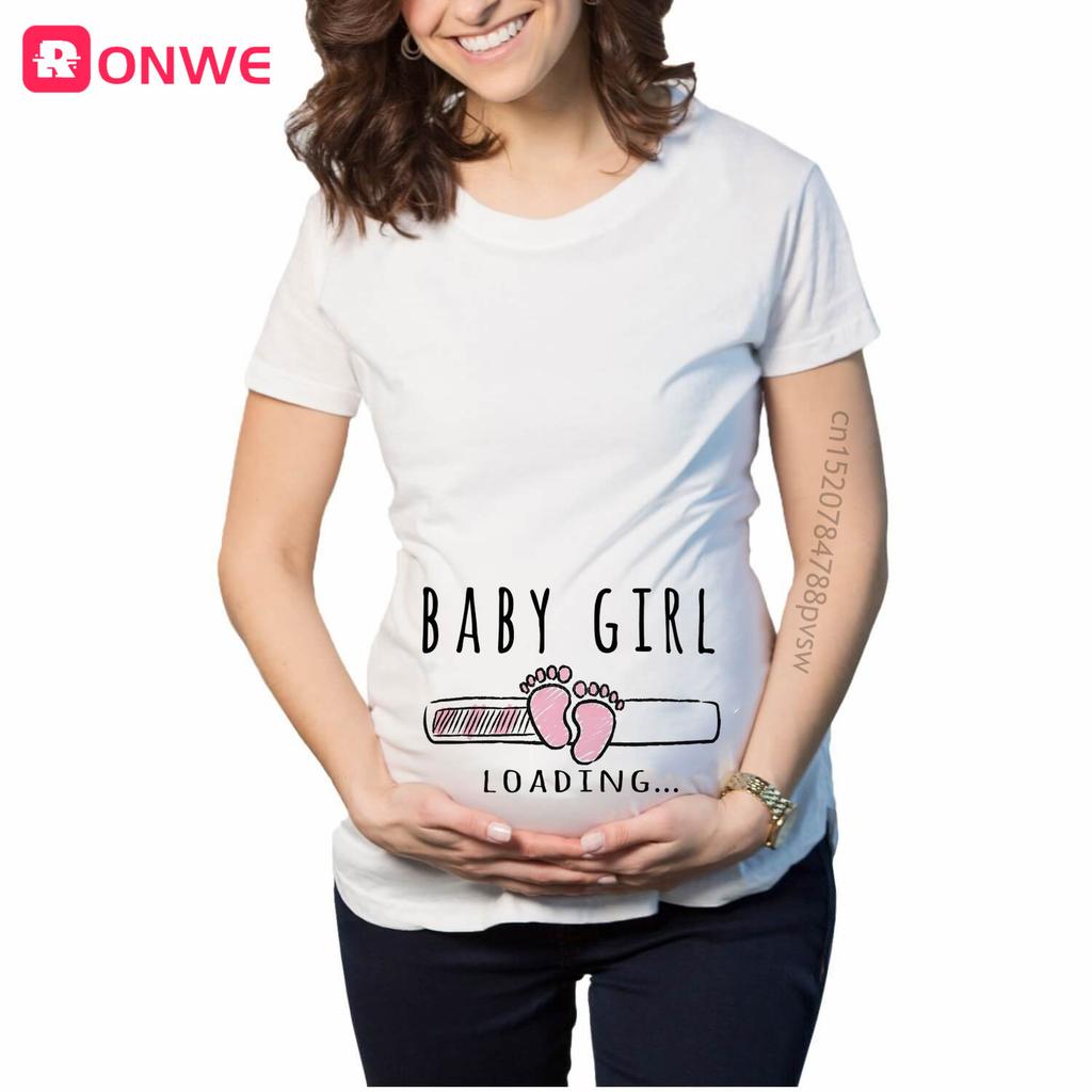 T-shirt Stampata da Donna Incinta 'Baby Girl Loading' Maglietta a Maniche Corte da Mamma Annuncio Gravidanza Top Tee