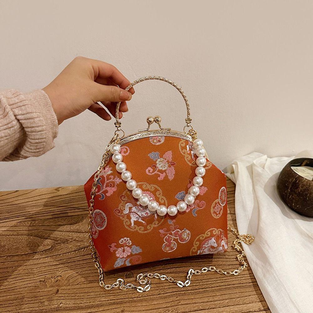 Pearl Embroidery Banquet Bag Horse Printed Hanfu Clutch Bag Retro Wrist Bag Women