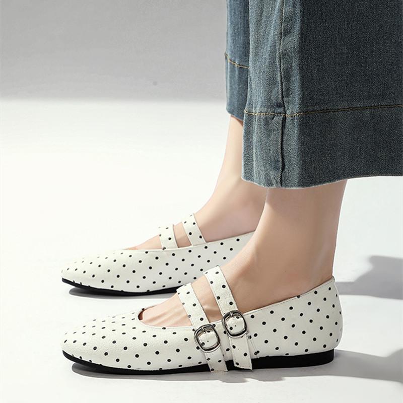 Polka Dot Strap Buckle Women Ballet Flats Comfortable Soft Soles Mary Janes Walking Loafers Street Style Dance Shoes