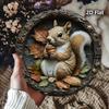 Vintage Squirrel Autumn Leaves Chestnuts Round Metal Wall Art Rustic Garden Yard Decor Outdoor Aluminum Sign