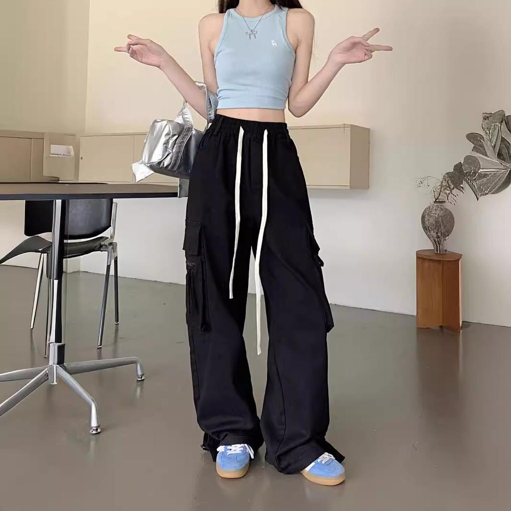 Retro Red Multi-pocket Work Clothes Wide-leg Pants for Women In Spring and Autumn High Street Design Sense Straight-leg Relaxed Pants