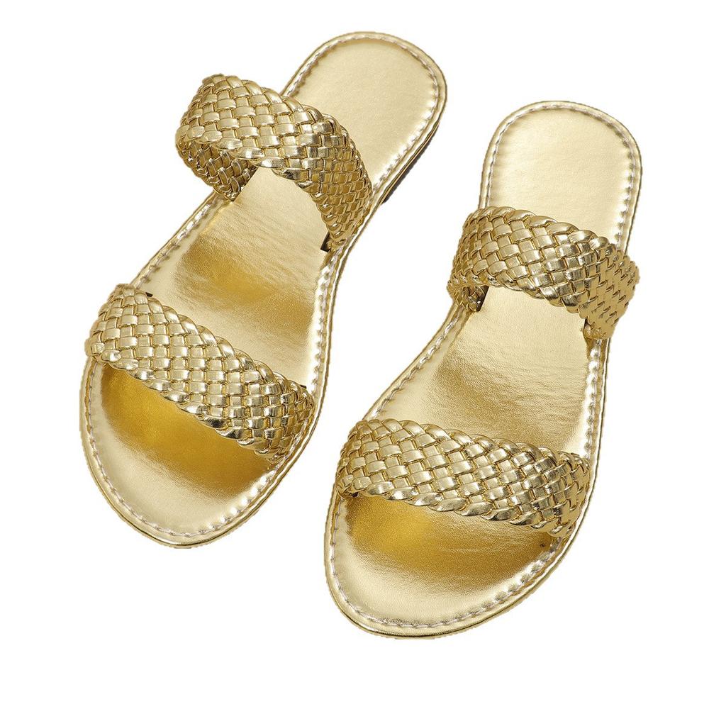 Large size flat-bottomed slippers women's simple woven outer wear beach cool slippers slippers