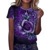 Mode Dames Ronde Hals Korte Mouw 3D Bloem Kleurprint Bloemen Korte Mouw Ronde Hals T-shirt