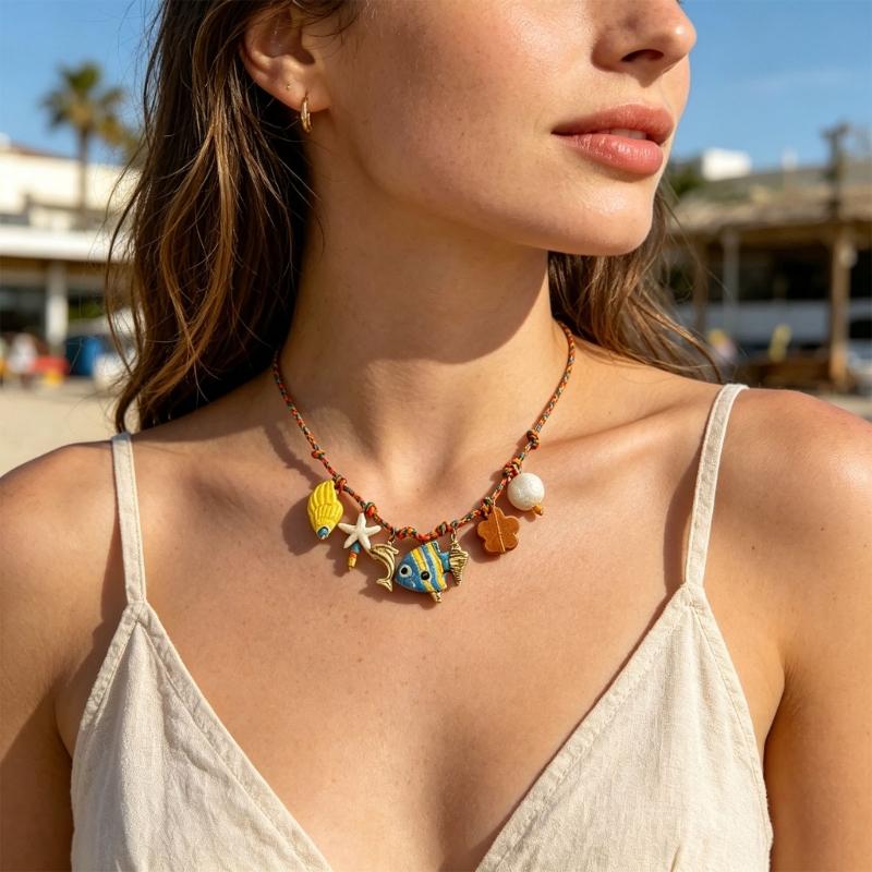 Braided Cord Shell Necklace Coastal Neckchain With Ceramic Ocean Details for Beach Vacation, Resort Wear and Casual Use