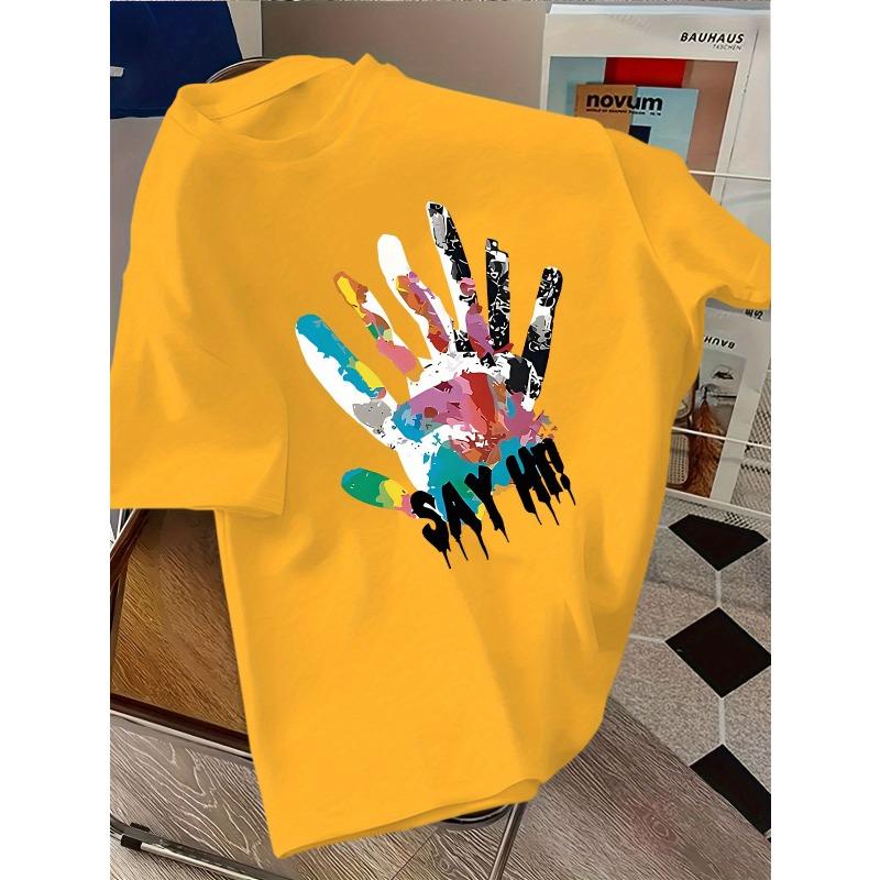 European sizes Colorful Handprint Graphic T-Shirt - Short Sleeve Round Neck Casual Summer Top with Vibrant Paint Splatter Design, 98cm