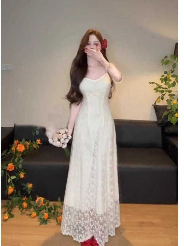 Pure desire wind embroidery suspender dress women's summer new temperament fashion waist thin chic long dress tide