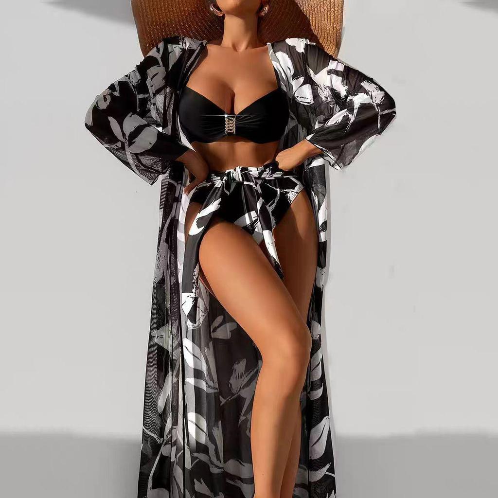 Women's High Waist Bikini 3-Piece Set with Long Shirt - European & American Style 2025 Swimwear