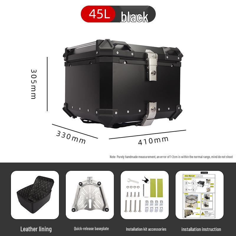 

Motorcycle Quick-Release Aluminum Tail Box with Stainless Steel Base, Available in 45L, 55L, 65L, 80L, 85L Sizes