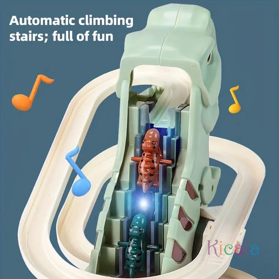 Dinosaur Climbing Stairs Toy Dinosaur Cars Climbing Slide Music Toy Chasing Race Electric Roller Track Game for Kids Christmas