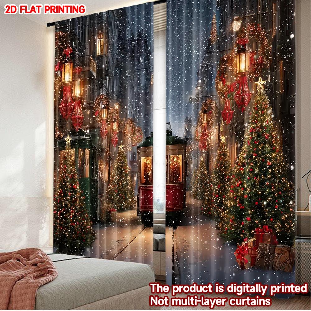 

Set Of 2 Flat Printing Christmas Curtains Night Street Scene Digital Printed Polyester Drapes Birthday Party Perfect Made W100*H70(CM)-Rod Pocket&1PCS