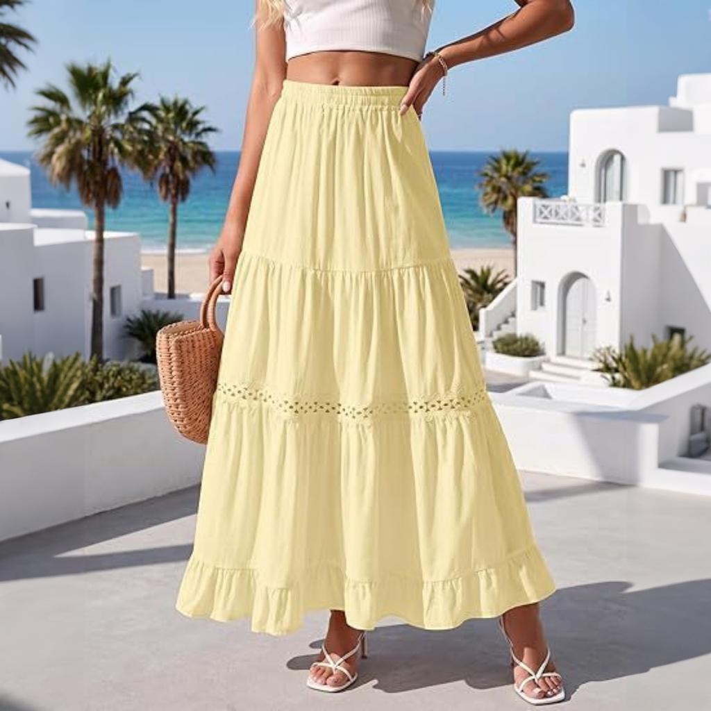 Women's Long Cotton Skirt Elastic Waist Lace Trim Tiered A-Line Maxi Skirt Lightweight Pleated Half Length Skirt Casual Summer Skirt