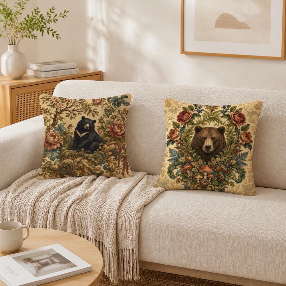 Woodland Botanical Bear And Cub Cushion Cover Double-Sided Plush Sofa Cushion Covers Organic Breathable Invisible Zipper