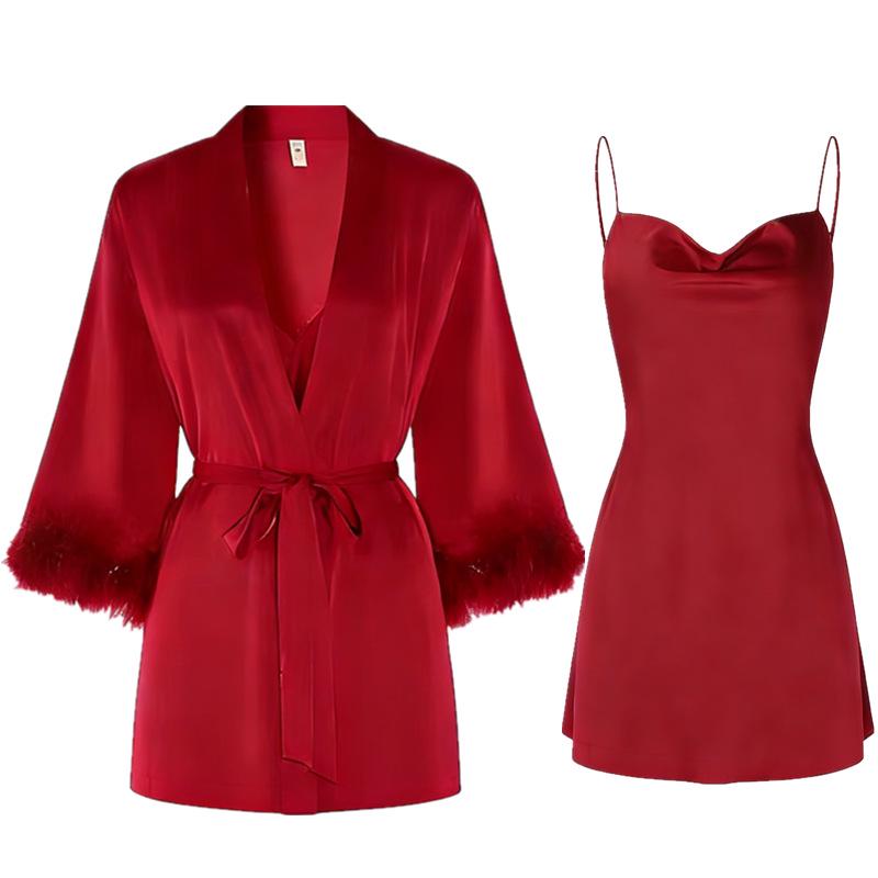 Red Zodiac Year Silk Wedding Pajamas & Robe Set for Bride and Groom