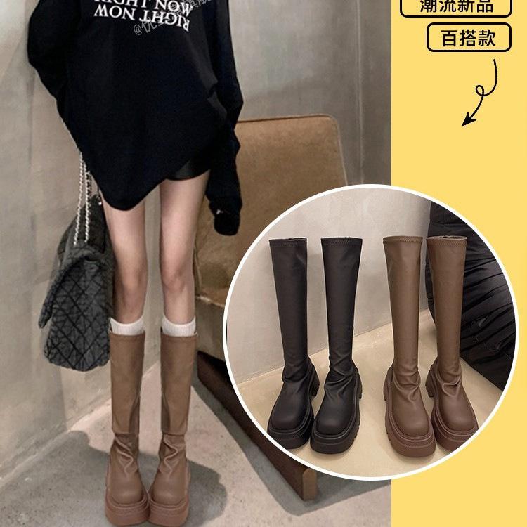 Thick-soled boots women's 2025 autumn new tall stacking boots increase height small thin boots Spice girl knight boots
