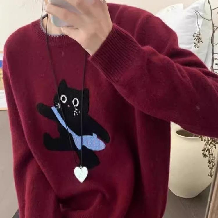 2025 Korean Cute Cat Knit Pullover - Women's Versatile Round Neck Sweater for Autumn/Winter