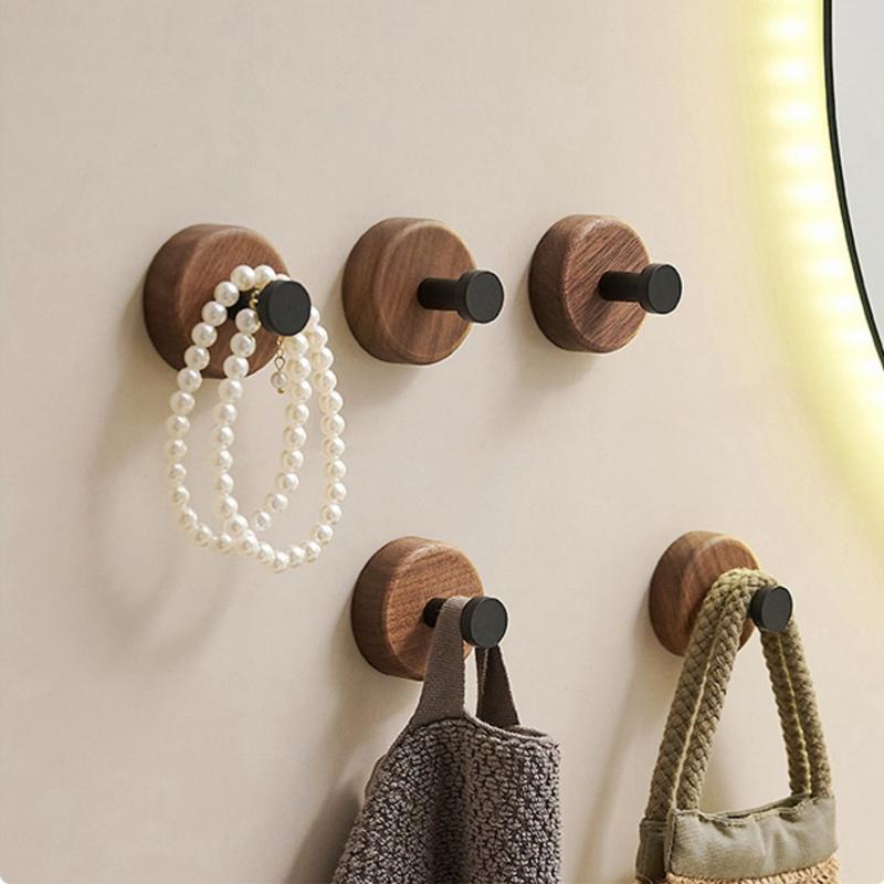 Selbstklebender Haken aus Massivholz Nussbaum Hängehaken Badezimmer Schlafzimmer Wandhaken für Schlüssel Tasche Handtuch Mantel Heimdekor Organizer Haken